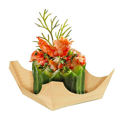 Chopped shrimp and herbs in cucumber bowls, garnished with dill, are served in PAPSTAR 50 finger food bowls wood "pure" round from PAPSTAR GmbH and provide an elegant presentation on a white background.