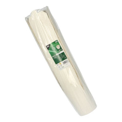 A pack of 50 white pasta boxes made of cardboard from PAPSTAR GmbH is ideal for the catering industry and food transport, packaged in transparent plastic with a green-white label with product details.