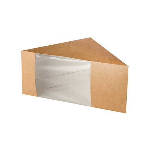 The PAPSTAR sandwich boxes with a viewing window (brown, 12.3 cm, made of PLA) from PAPSTAR GmbH are environmentally friendly, triangular, and are presented empty on a white background. Contents: 50 pieces.