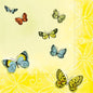 Seven colorful butterflies flutter in front of a yellow background with a white polka dot floral pattern - ideal for PAPSTAR 20 napkins, 33 cm x 33 cm, 3-ply, 1/4-fold design set 2 from PAPSTAR GmbH.