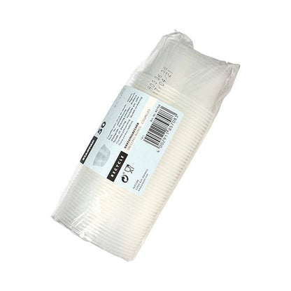 A transparent plastic package with 50 Starpak dressing cups (PP, round, Ø 7.1 cm) features a white label with product information and barcode. Ideal for catering services. White background.