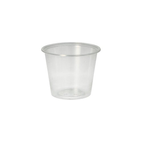 The Starpak 50 dressing cup, PP round Ø 7.1 cm transparent, is a small, clear plastic cup with a slightly flared rim - perfect for catering service - depicted on a plain white background.