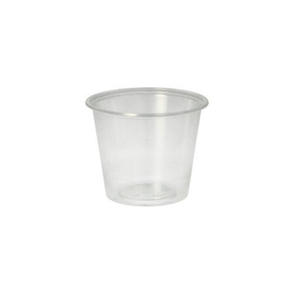 The Starpak 50 dressing cup, PP round Ø 7.1 cm transparent, is a small, clear plastic cup with a slightly flared rim - perfect for catering service - depicted on a plain white background.