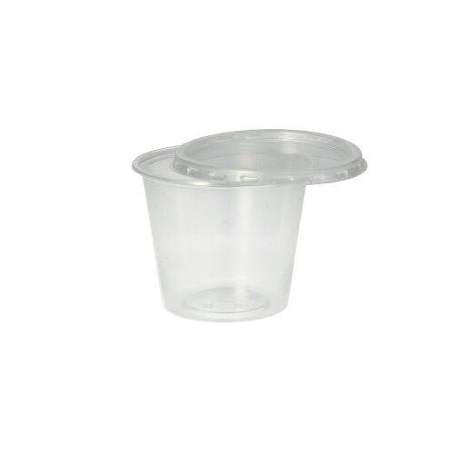 The Starpak 50 dressing cup, PP round Ø 7.1 cm transparent, is a small clear polypropylene cup with a matching transparent lid from Starpak, depicted against a plain white background.