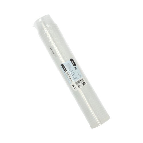A stack of 50 transparent Starpak portion cups (PP, round, 30 ml, Ø 4.6 cm · 2.8 cm) is wrapped in plastic and labeled with product information and Starpak branding.