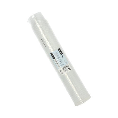 A stack of 50 transparent Starpak portion cups (PP, round, 30 ml, Ø 4.6 cm · 2.8 cm) is wrapped in plastic and labeled with product information and Starpak branding.