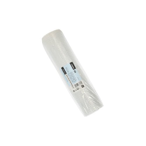 In front of a white background, a roll of Starpak 50 lids for portion cups, PP round Ø 4.6 cm transparent (foil, 50 pieces) with a blue-white label in the middle is presented.
