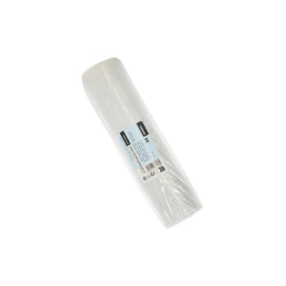 In front of a white background, a roll of Starpak 50 lids for portion cups, PP round Ø 4.6 cm transparent (foil, 50 pieces) with a blue-white label in the middle is presented.