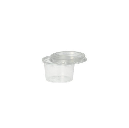 A Starpak portion cup with a transparent Starpak 50 lid for portion cups (PP, round Ø 4.6 cm) lies on a plain white background, the transparent lid is partially angled on the cup.