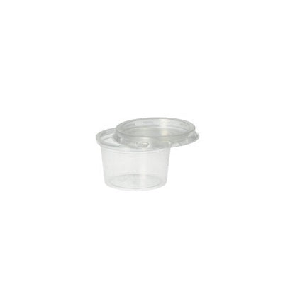A Starpak portion cup with a transparent Starpak 50 lid for portion cups (PP, round Ø 4.6 cm) lies on a plain white background, the transparent lid is partially angled on the cup.