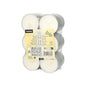 The Starpak 18 Maxi Lights pack (Ø 57 mm, 19 mm, white) contains 18 white tealights in aluminum cups, foil-wrapped, with a yellow multilingual label for instructions and warnings – ideal for atmospheric occasions.