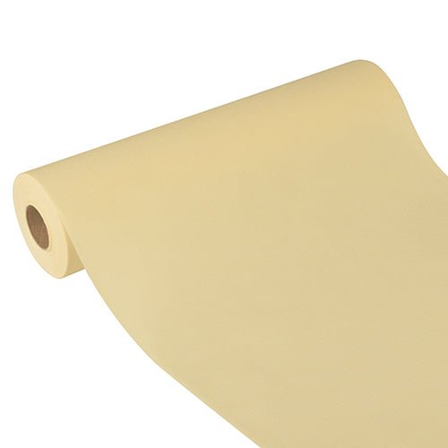 The Starpak table runner, fabric-like, fleece 'Soft Selection Plus' (24 m x 40 cm) in light beige lies partially unrolled on a white background, highlighting its smooth texture and elegant appearance - ideal for special occasions.