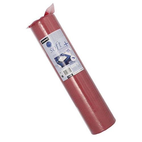 A rolled-up red Starpak table runner made of fabric-like nonwoven 'Soft Selection Plus' (24 m x 40 cm) with product label, perfect as a practical table runner for special occasions.