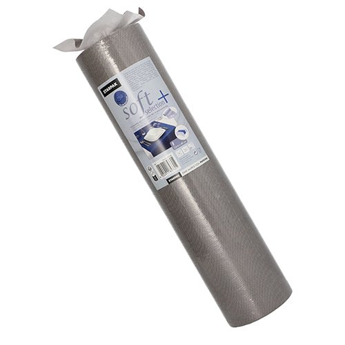 Depicted is a cylindrical roll of Starpak table runner, fabric-like, fleece 'soft selection plus' (24 m x 40 cm) from Starpak against a white background, with a cloth partially pulled out at the top.