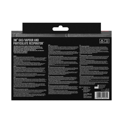 The back of the 3M™ respirator with integrated filters from 3M Deutschland GmbH shows detailed product information, instructions for use, warnings, and multilingual text in white on black. A barcode is located in the lower right corner.