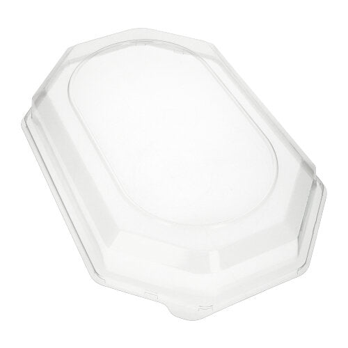 The Starpak 10 lid for serving platters, PET transparent, is an oval, clear plastic lid with a raised edge from Starpak. It is ideal for keeping food fresh in matching containers and is depicted on a white background.