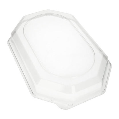 The Starpak 10 lid for serving platters, PET transparent, is an oval, clear plastic lid with a raised edge from Starpak. It is ideal for keeping food fresh in matching containers and is depicted on a white background.