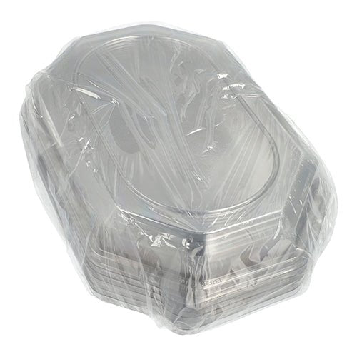 A stack of Starpak 10 lids for serving platters, made from transparent PET plastic, ideal for keeping food fresh.
