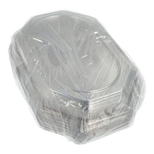 A stack of Starpak 10 lids for serving platters, made of clear PET plastic, ideal for keeping food fresh.