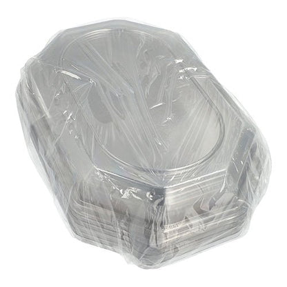 A stack of Starpak 10 lids for serving platters, made from transparent PET plastic, ideal for keeping food fresh.