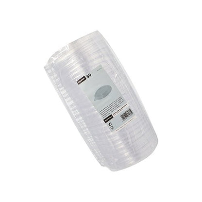A pack of 50 Starpak disposable PS lids (Ø 12.5 cm, 2.1 cm, transparent) for salad bowls "To Go" wrapped in clear plastic, featuring a rectangular label with brand information and barcode – perfect for takeout dishes.