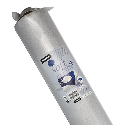 A roll of Starpak tablecloth, fabric-like, fleece "soft selection plus" is depicted upright with packaging featuring product information and a table image - ideal as a durable, versatile tablecloth or fleece.