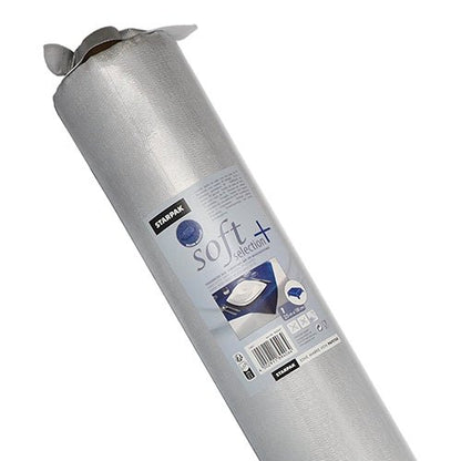A roll of Starpak tablecloth, fabric-like, fleece "soft selection plus" is depicted upright with packaging featuring product information and a table image - ideal as a durable, versatile tablecloth or fleece.