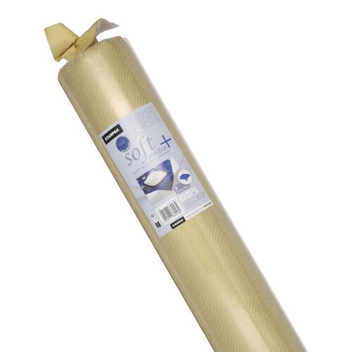 A roll of Starpak tablecloth, fabric-like fleece "soft selection plus" in beige, tightly packed in clear plastic with brand information and an image showing its use. Non-slip and durable, ideal for drawers or shelves.