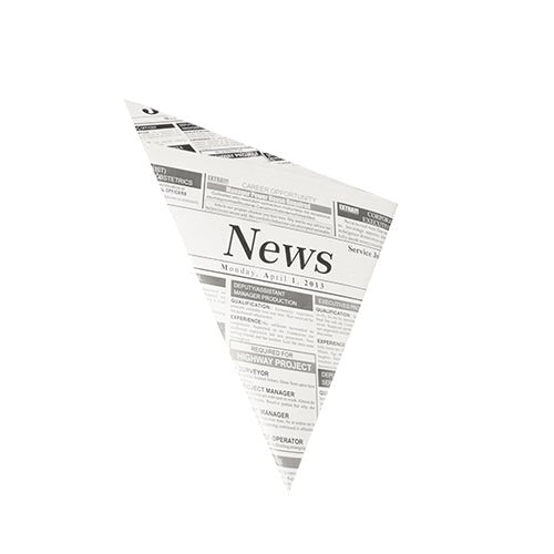 A triangular PAPSTAR 1000 cone bag from PAPSTAR GmbH shows a black-and-white newspaper print with "News" at the top. This greaseproof parchment substitute is excellent for fries packaging in gastronomy, all against a plain white background.