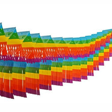 PAPSTAR GmbH large room garland paper "fringe", flame-retardant (10 m x 15 cm) hangs in overlapping, diagonal rows with rainbow stripes, creating a festive, vibrant image against a white background.