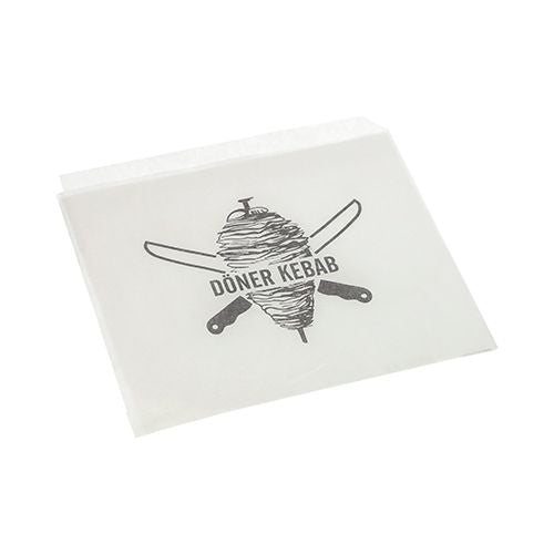 The PAPSTAR doner kebab bags, parchment substitute, 16x16 cm, greaseproof shrink wrap (1000 pieces) from PAPSTAR GmbH is a durable, white food packaging with a doner skewer and crossed knives along with the text "DONER KEBAB".