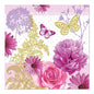 PAPSTAR GmbH 20 napkins, 33 cm x 33 cm, 3-ply, set 5: Design with pink flowers (rose, peony, daisy), gold/purple butterflies, and ornate golden foliage on a diagonal stripe and dotted background.