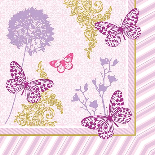 The 3-ply napkins (40 x 40 cm) from PAPSTAR GmbH feature three purple and one pink butterfly with floral silhouettes in purple and yellow on a light pink background with diagonally striped borders. The pack contains 20 napkins.