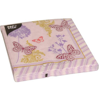 A pack of 20 3-ply napkins (40 x 40 cm, 1/4-fold) from PAPSTAR GmbH has a lavender striped border with pink, yellow, and violet floral and butterfly motifs. At the top left is a small black "Pap Star" label.