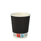 The Starpak 25 drinking cup, paper "To Go" Ripple Wall, is a black cup with a ribbed sleeve and white rim. Labels on the bottom provide product and recycling information, emphasizing its eco-friendly features.