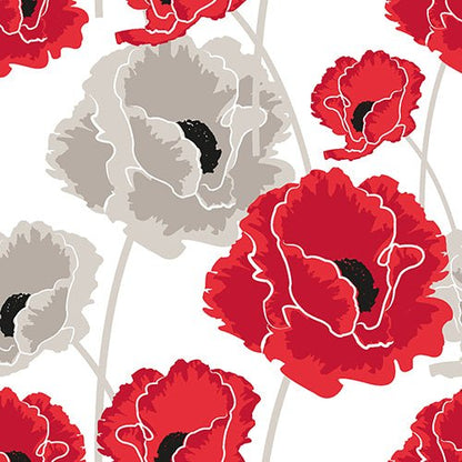 The 20 PAPSTAR napkins (40 x 40 cm, 3-ply, 1/4-fold) from PAPSTAR GmbH feature large red and gray poppies with black centers scattered on a bright white background, adding elegance to any table setting.
