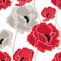The 20 PAPSTAR napkins (40 x 40 cm, 3-ply, 1/4-fold) from PAPSTAR GmbH feature large red and gray poppies with black centers scattered on a bright white background, adding elegance to any table setting.