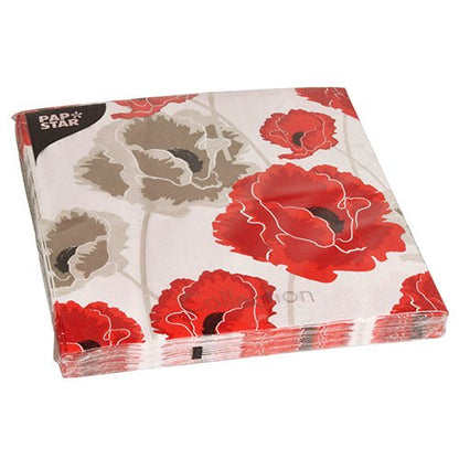 A pack of 20 PAPSTAR napkins, 40 x 40 cm, 3-ply, 1/4-fold from PAPSTAR GmbH in a floral red-beige poppy pattern, packed in transparent foil with the brand name in the upper left.