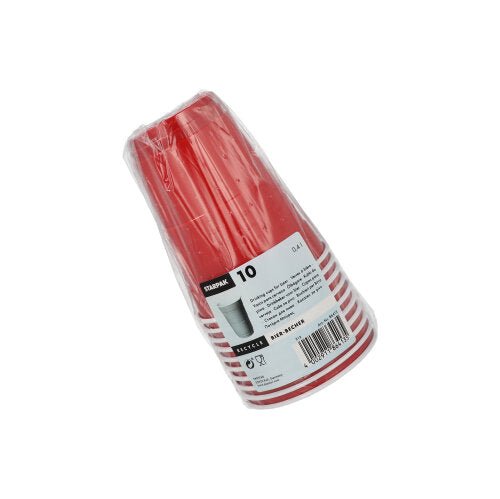 The Starpak 10 beer cup set (PS, 0.4 l, Ø9.5 cm/12 cm, red/white) includes 10 red plastic cups for parties and events, packaged in clear foil with a white label with product information and barcode.