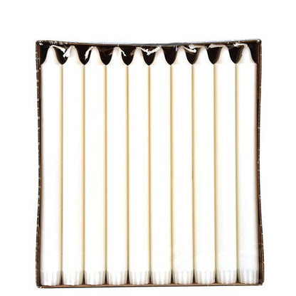 A box of 30 white PAPSTAR taper candles (Ø 2.2 cm, 100% stearin) from PAPSTAR GmbH, arranged upright in a row and viewed from above on a plain white background for even burning.