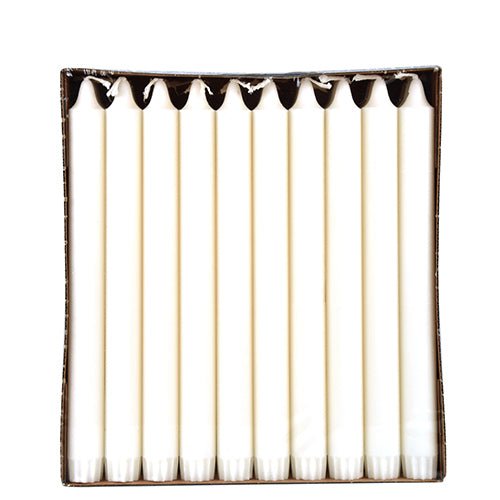 A box of 30 white PAPSTAR taper candles (Ø 2.2 cm, 100% stearin) from PAPSTAR GmbH, arranged upright in a row and viewed from above on a plain white background for even burning.