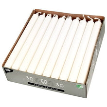 A box of 30 PAPSTAR taper candles (Ø 2.2 cm, white, 100% stearin) from PAPSTAR GmbH, neatly arranged in three rows in a partially opened cardboard packaging with uniform taper candles and visible wick.