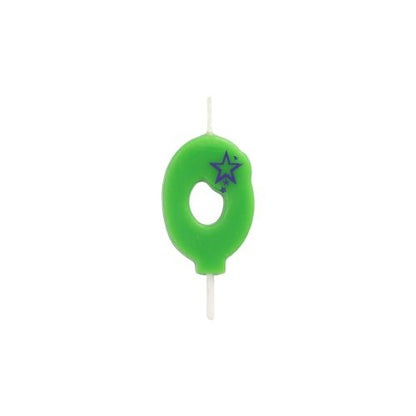 The number candle Mini 6.8 cm by PAPSTAR GmbH in the shape of a zero and decorated with two purple stars at the top edge is ideal for your birthday decoration and is depicted on a plain white background.