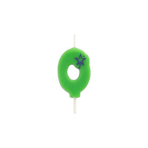 The number candle Mini 6.8 cm by PAPSTAR GmbH in the shape of a zero and decorated with two purple stars at the top edge is ideal for your birthday decoration and is depicted on a plain white background.