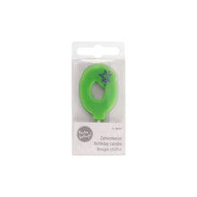 The green mini number candle by PAPSTAR GmbH with a diameter of 6.8 cm and the number zero has a purple star design and is delivered in a transparent box with the multilingual inscription "Birthday Candle" – ideal for your birthday decoration.