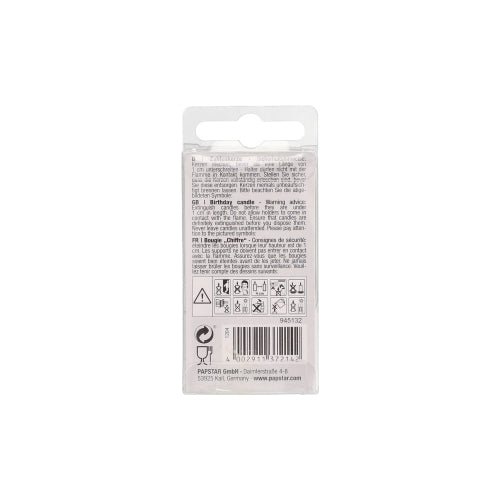 The rear view of the PAPSTAR number candle, Mini 6.8 cm by PAPSTAR GmbH, shows a transparent plastic packaging with text, safety symbols, barcode, and multilingual instructions – ideal for your birthday decoration.