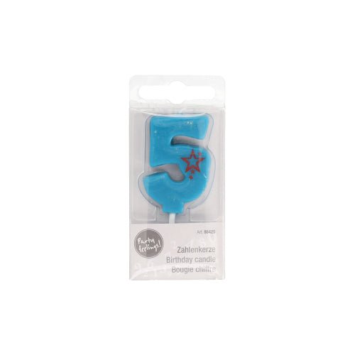 The PAPSTAR number candle Mini 6.8 cm from PAPSTAR GmbH is a blue candle with the number 5 and two red stars, ideal for birthday cakes, and comes in a clear plastic blister packaging with multilingual labeling.