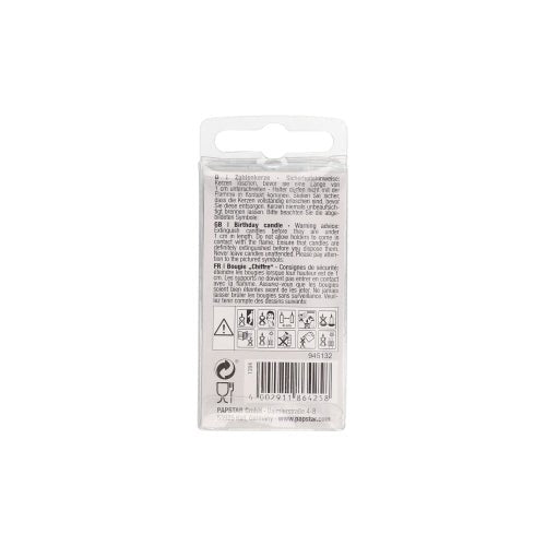 On the back of the small number candle Mini 6.8 cm from PAPSTAR GmbH, under a hanging tab, are densely printed multilingual instructions, warnings, and caution symbols. Suitable for decoration with number candles.