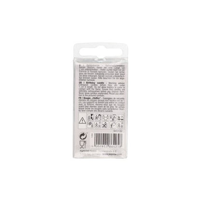On the back of the small number candle Mini 6.8 cm from PAPSTAR GmbH, under a hanging tab, are densely printed multilingual instructions, warnings, and caution symbols. Suitable for decoration with number candles.