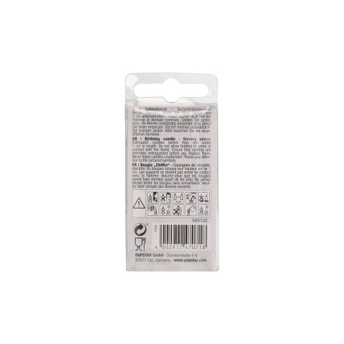 Back of a number candle Mini 6.8 cm from PAPSTAR GmbH with instructions and safety warnings in multiple languages. Black text on white background with safety symbols – perfect for your birthday cake.